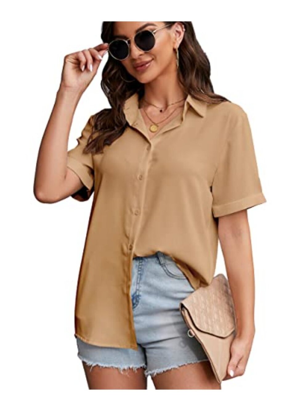Chiffon Button Down Short Sleeve Blouse Women Office Work Top